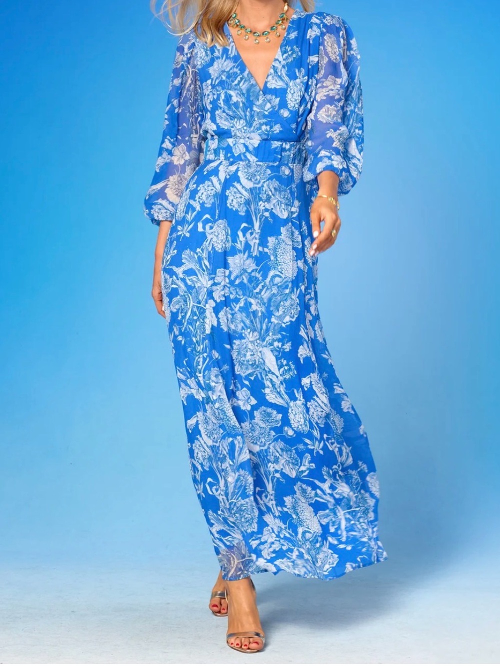 Nicoblu Angelina Maxi Crinkle Chiffon Dress in Blue and White Floral Toile